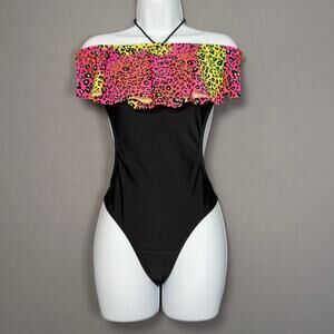 OCEAN PACIFIC Black Neon Cheetah Print One Piece Open Back Swim Suit  Size XL